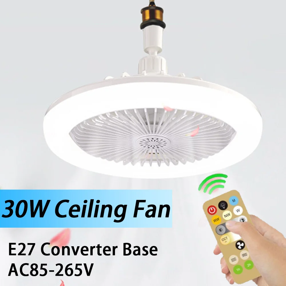 30W Ceiling Fan with Light Modern Bedroom Kitchen Ceiling Light Fan E27 Converter Base Ceiling Fan w/Remote Control  AC85-265V