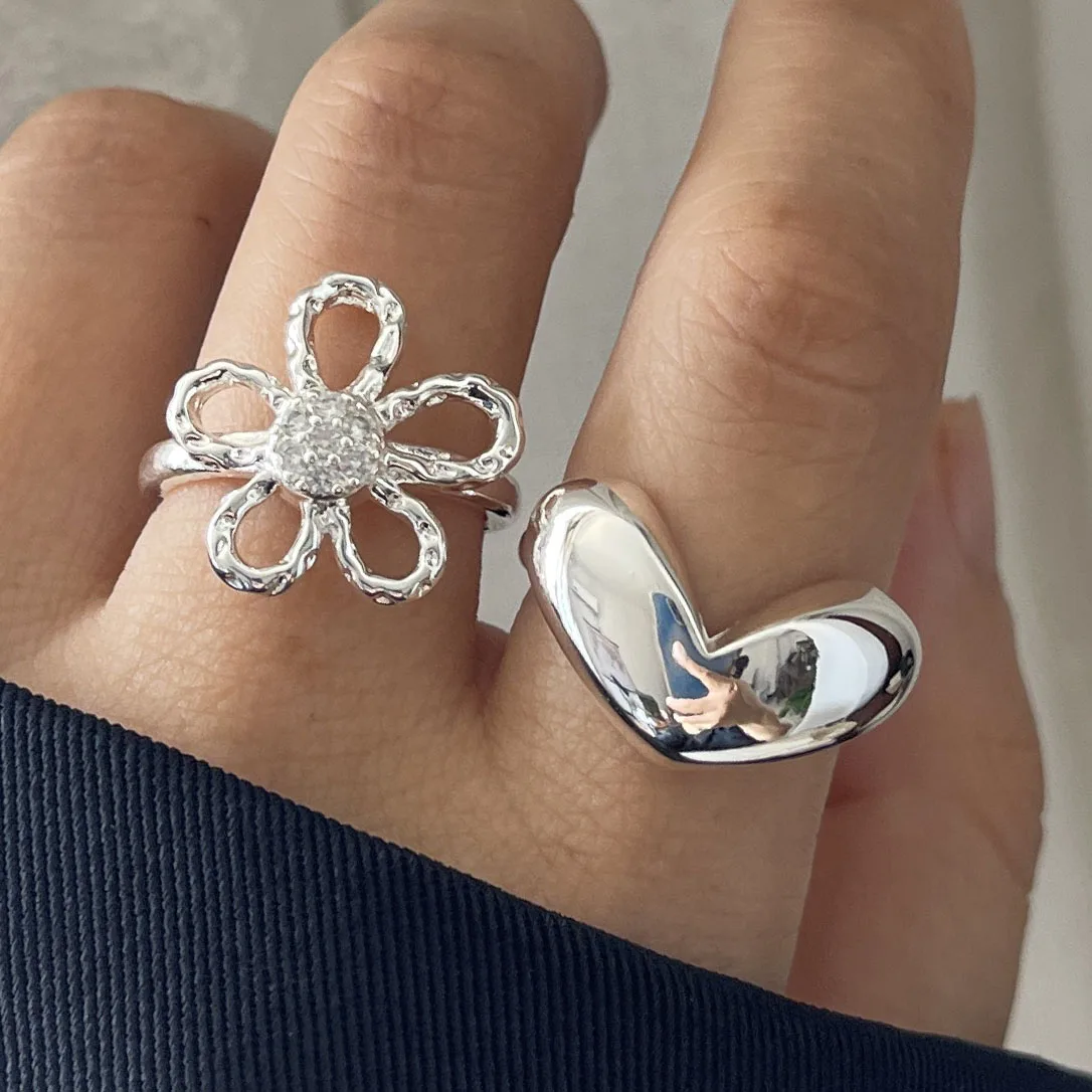 خواتم من الفضة الإسترليني عيار 925 للنساء مجوهرات راقية هندسية قابلة للتعديل خاتم على شكل قلب بسيط على شكل زهرة لهدية أعياد الميلاد للحفلات #2