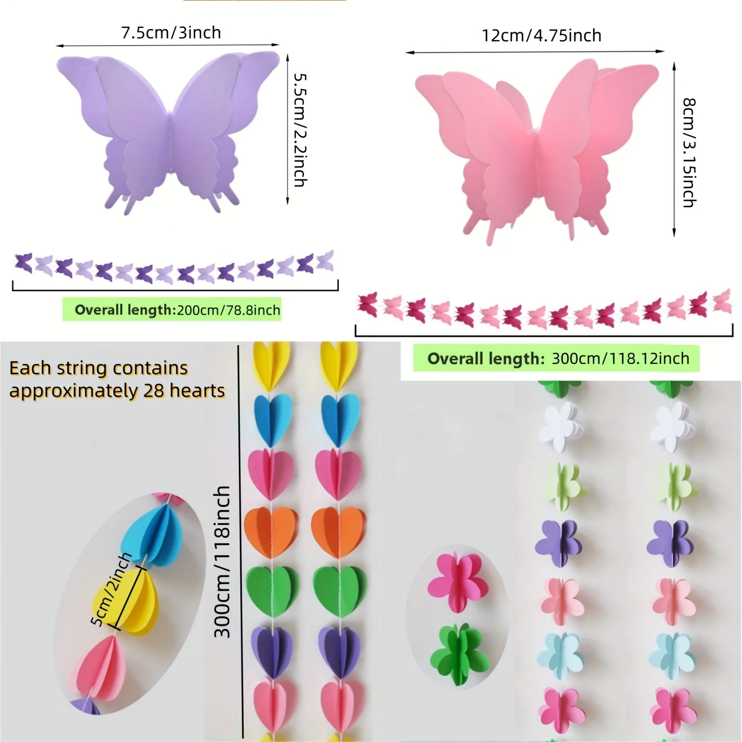 3D Butterfly Paper Garland Banner - Colorful Hanging Decorations for Wedding, Birthday, Ceiling, Outdoor Garden Party - Red