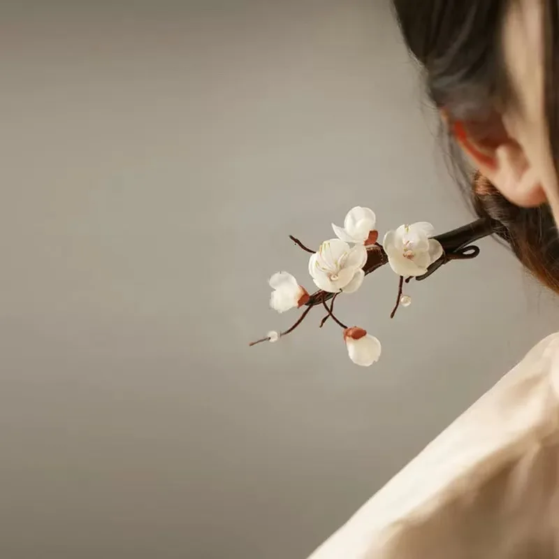 

Traditional Chinese Plum Blossom Hairpin – Handmade Silk Flower with Black Sandalwood Stick, Elegant Hanfu & Qipao Accessory