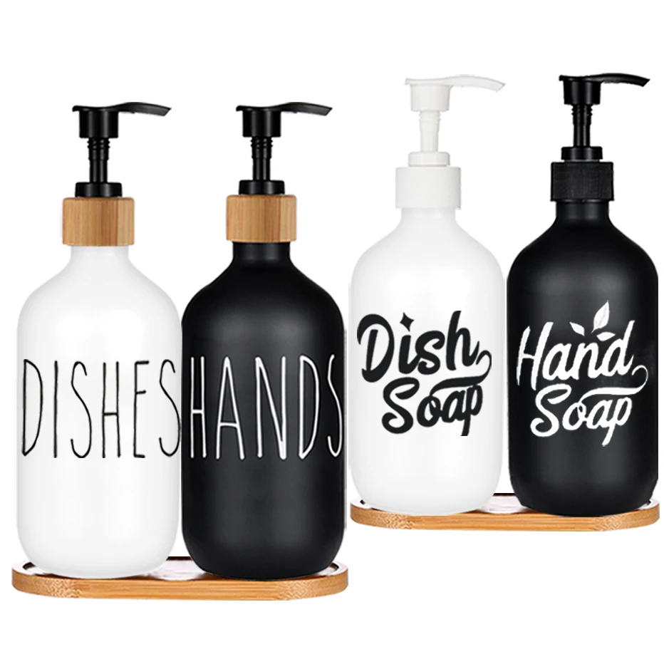 Soap Dispenser Bottle Matte Black Kitchen Refillable Hands Dishes Press Bottle Bamboo Wood Pump Bathroom Storage Bottle 500ML