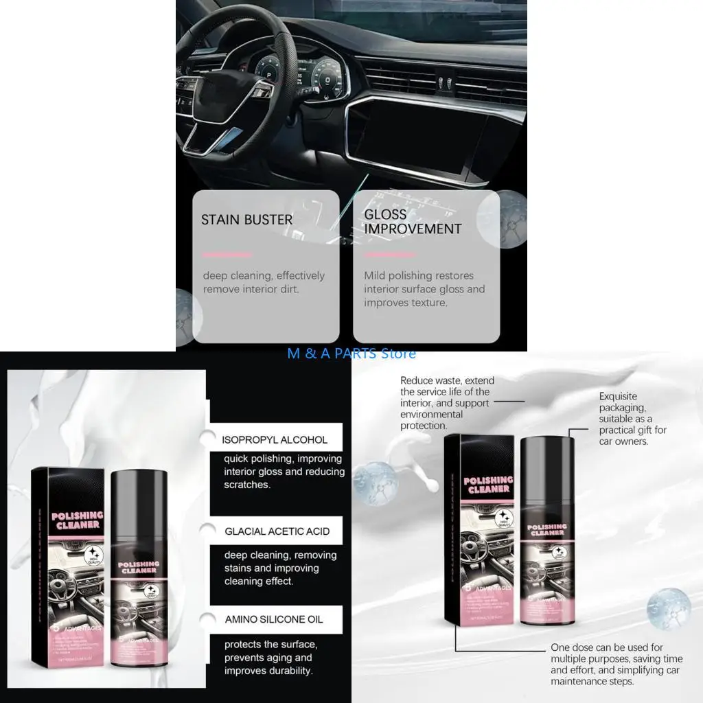U1JF Waterless Car Interior Sprays Car Interior Polishing Cleaner Sprays Car Sprays for Rubber & Leather Total