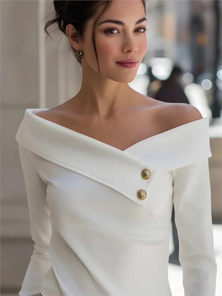 Female Elegant Foreign Style One-line Collar Top Fashion Button Design Spring Summer Temperament Versatile Shirt Ladies Blouses