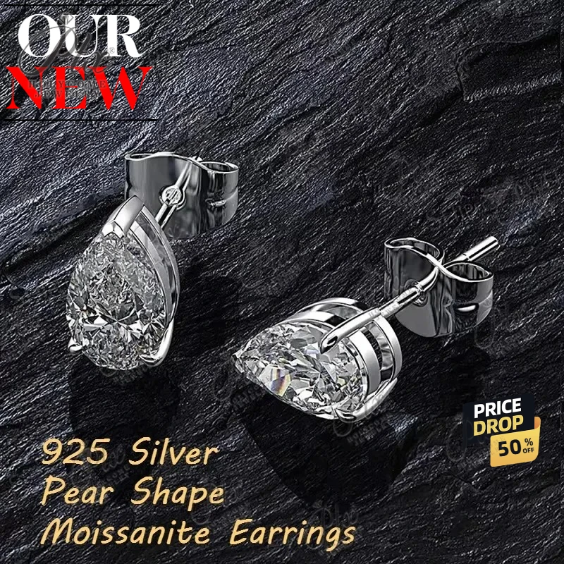 D Color Moissanite Fashion Earring Screw Earstuds 925 Silver 0.5-3CT Pear Shape Moissanite Earrings Top quality Bridal Jewelry