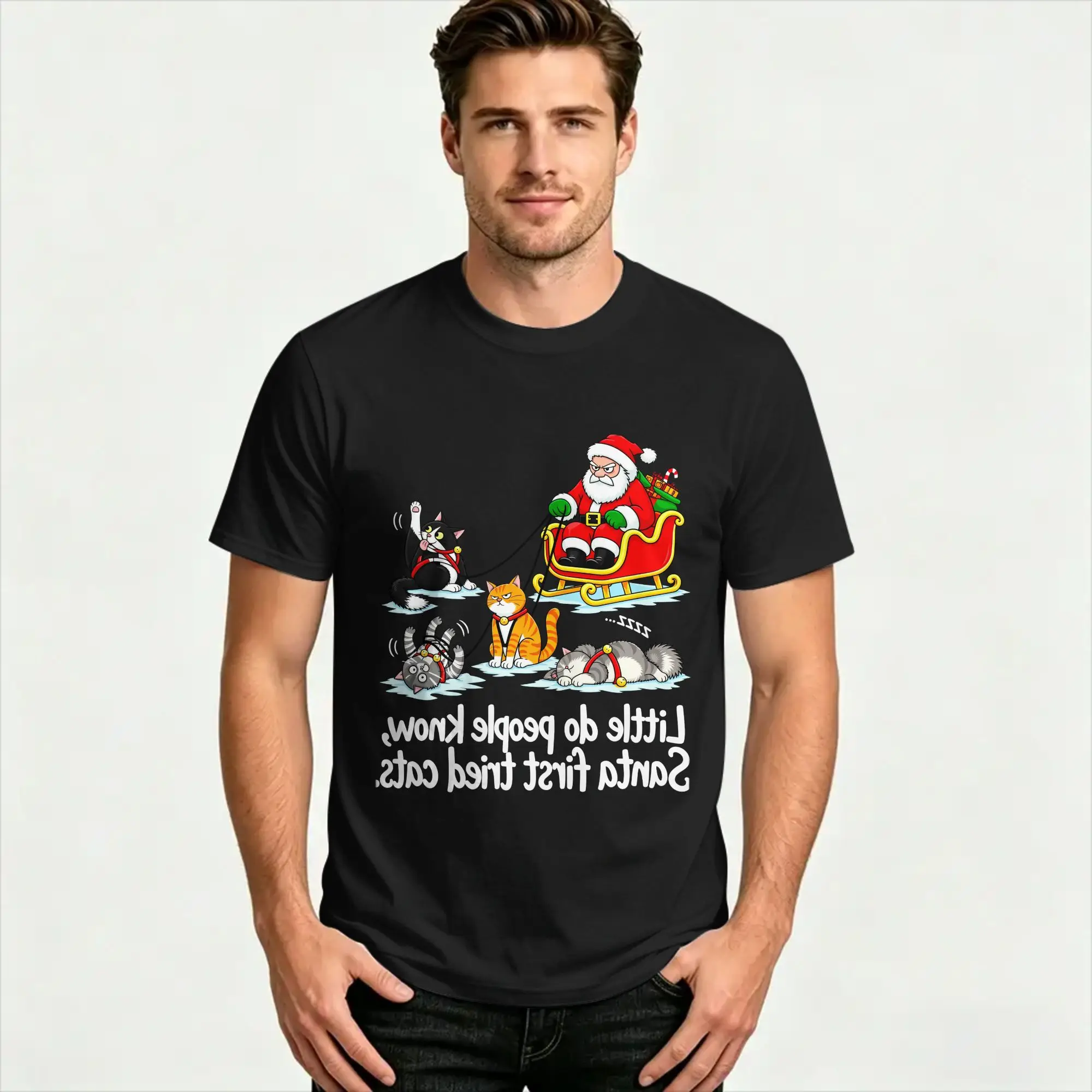 Little Do People Know Santa First Tried Cats T-Shirt Summer  Harajuku T-Shirts Cotton Oversize Tees Short Sleeve Y2K Basic Tops