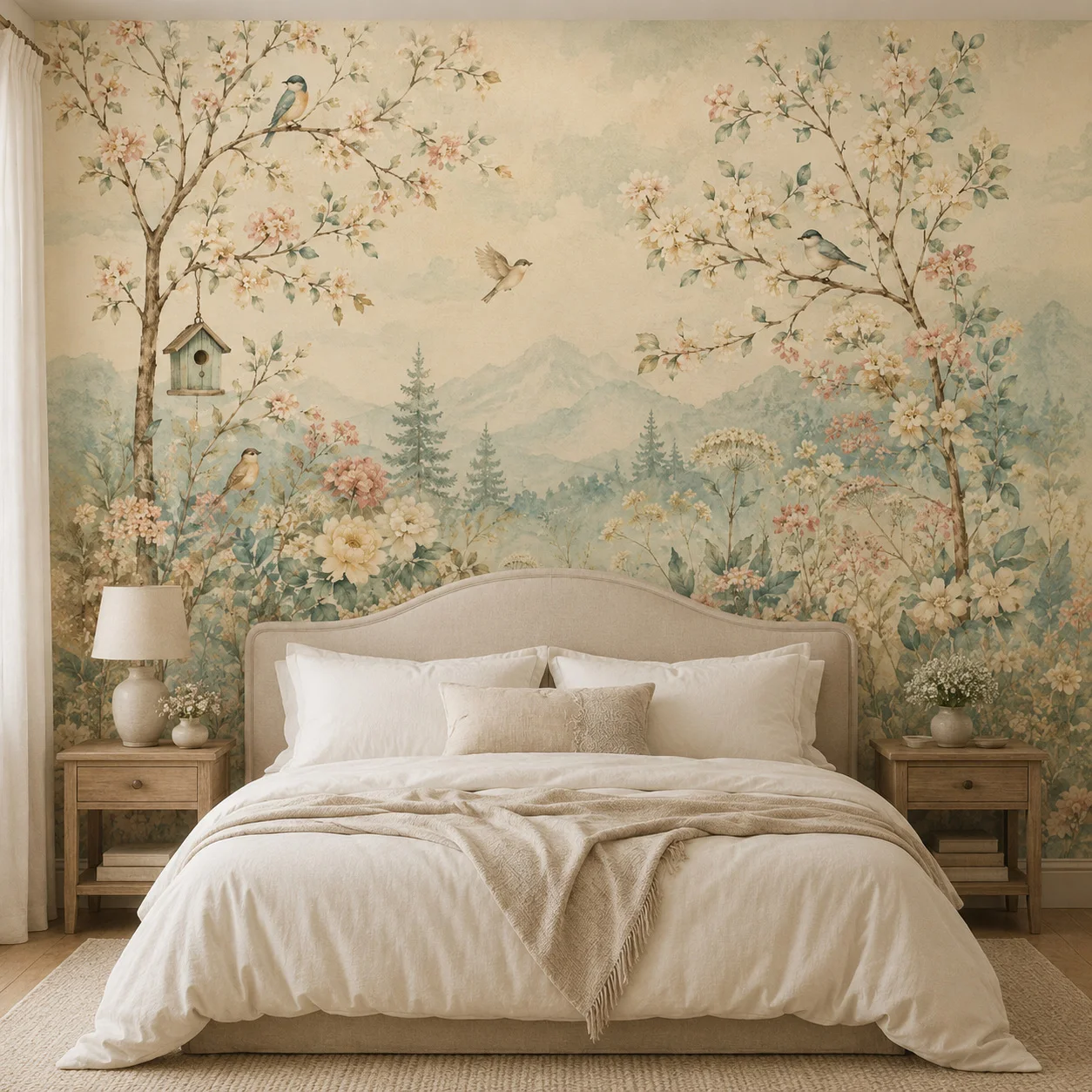 Vintage Floral Bird Wall Mural Wallpaper, Botanical Blossom Tree Mountain Landscape for Living Room Bedroom, Paste Required