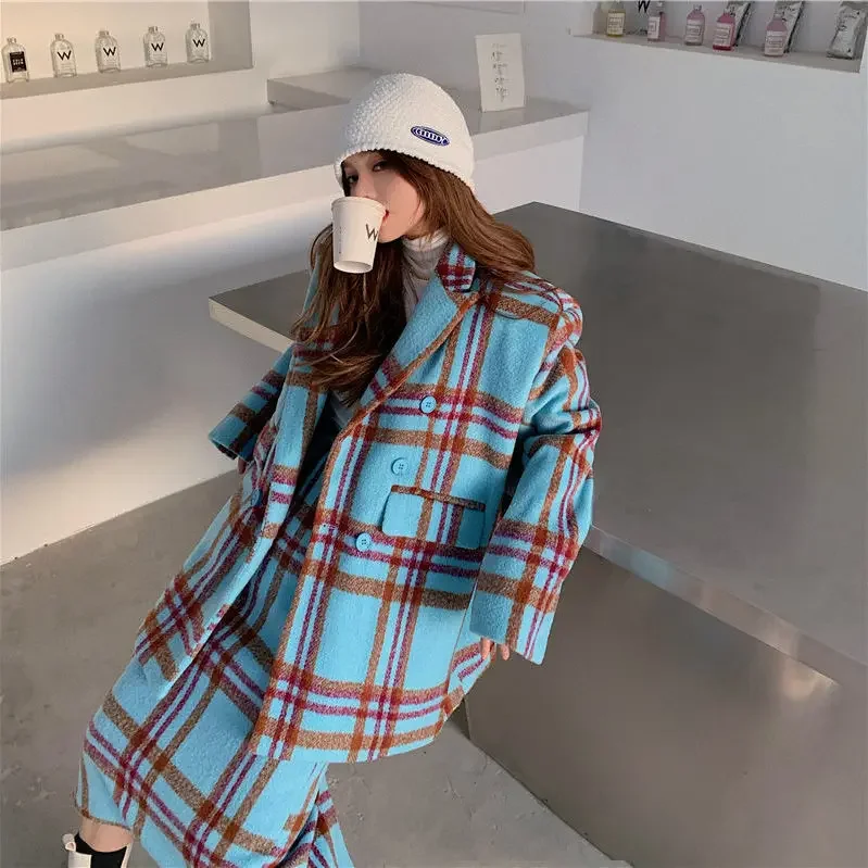 Abiti da donna lana primavera autunno ufficio Lady coreano camicia lunga cappotto Plaid intaglio monopetto 2 Pic Set lusso