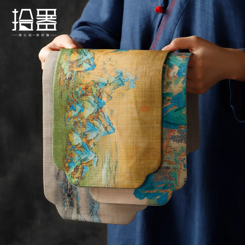 Chinese style thickened tea table cloth cushion Zen waterproof table flag cotton hemp large absorbent tea cushion
