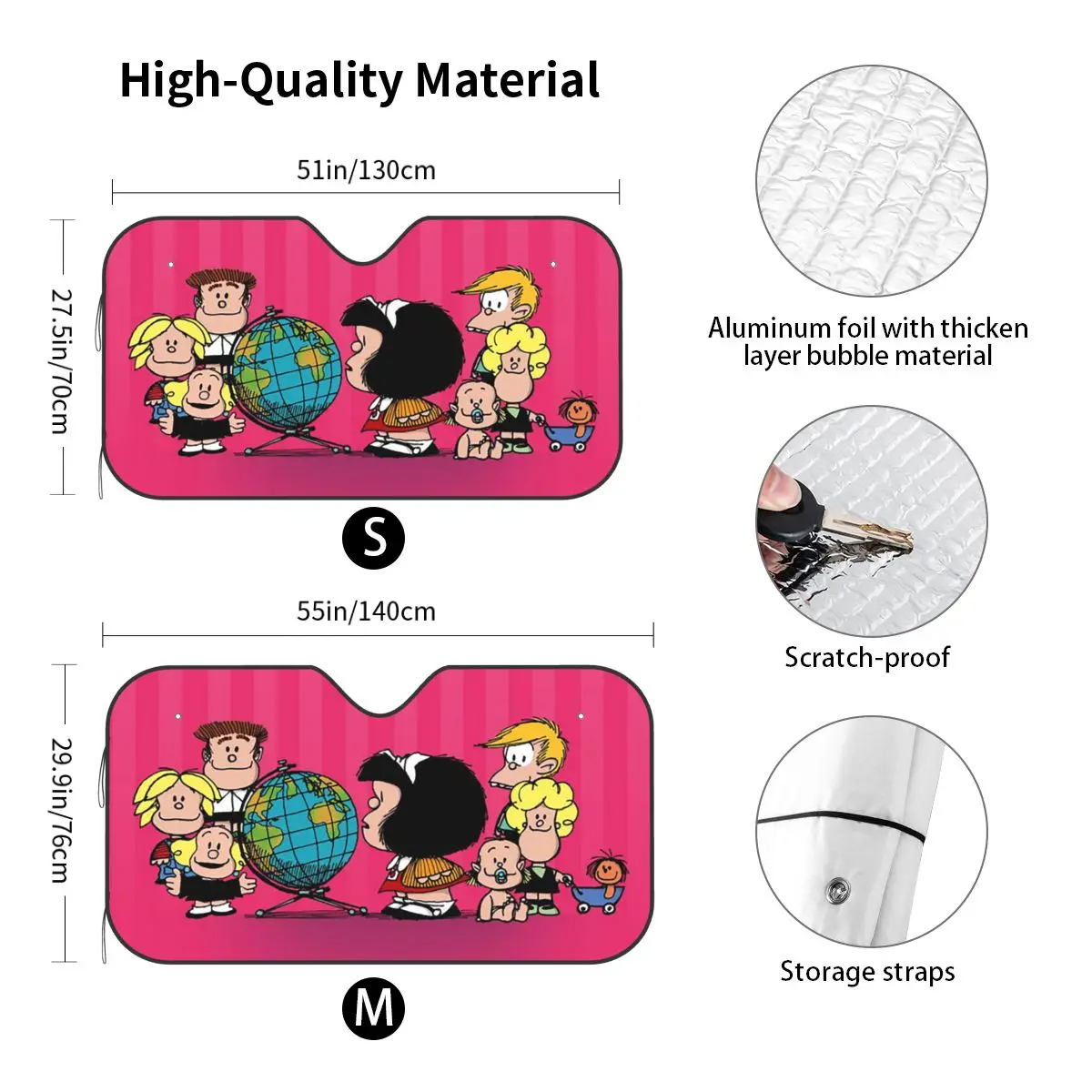 Mafalda Cartoon Pink Fold-up Windshield Sunshade 76x140cm Anime Collage Aluminium Foil Car Sunshade Blinds