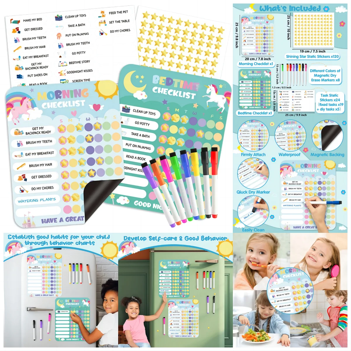 Morning Bedtime Routine Chart Poster Magnetic Sticker for Kids Toddlers Daily Visual Schedule Routine Checklist Reward Chart