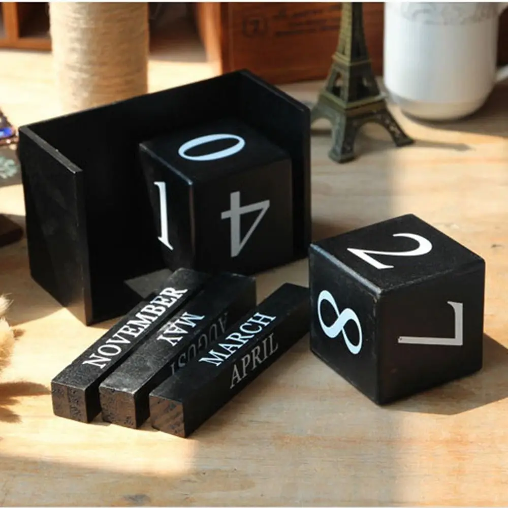 MDF Wooden Perpetual Calendar Eternal Blocks Month Display Building Blocks Calendar Pastoral Style Perpetual Calendar