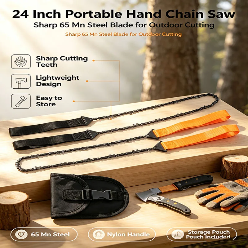 Lightweight Manual Pocket Chain Saw with Storage Pouch, Bidirectional Sharp Teeth Hand Saw for Hiking Gardening Tree Trimming