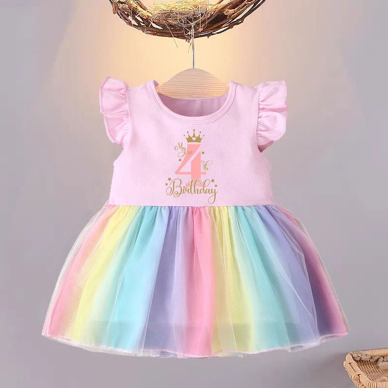 Baby Girl 1-4 Birthday Outfit Flying Sleeve Newborn Infant Summer Girl Dress Birthday Party Princess Dress Children Clothing