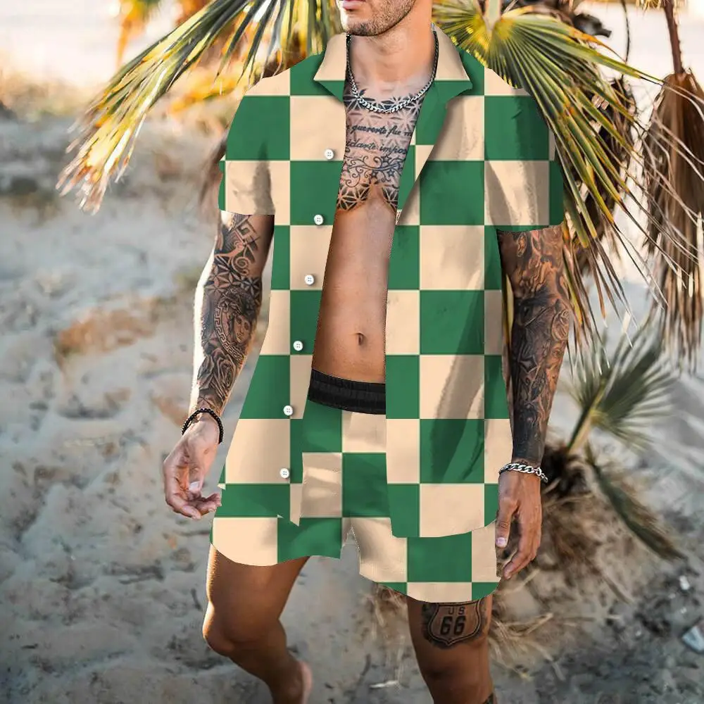 Fashion Hawaii 2 Pcs Set Shirt Beach Style Men 3D Print Holiday Trend Suit Collar Short Sleeve Shirt Short Hawaiion Clothes