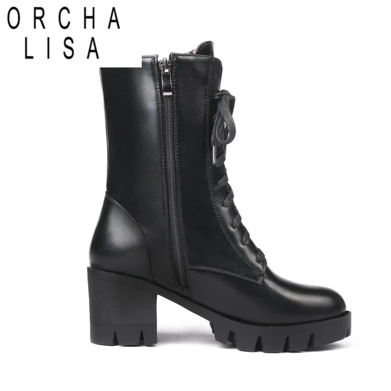 

ORCHA LISA Ботильоны Женская обувь на платформе Резиновые черные осенние ботинки на шнуровке на массивном каблуке, большой размер 46