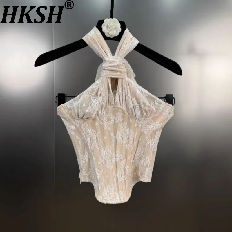 

HKSH Summer New Women French Stylish Elegant Fashion High Street Ins Trendy Lace Halter Neck Sexy Backless Short Tank Top HK7826