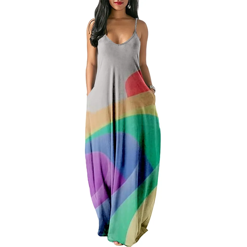

Hip Hop Trendy Comfortable Summer Women Dresses Color design 3D Print Sexy loose Slip Pocket Dress Party Dress Long Robe