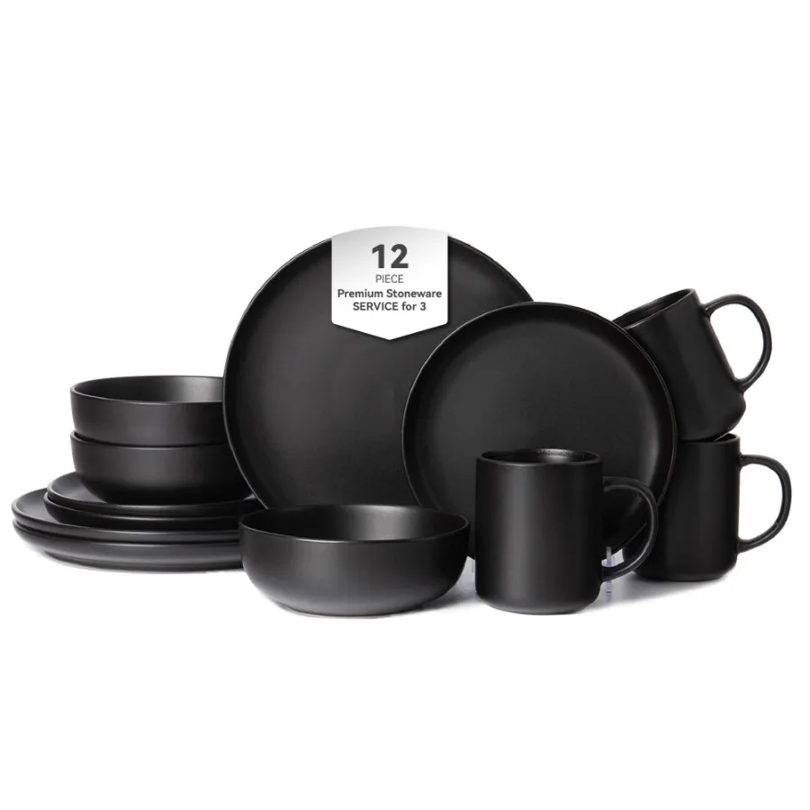 

12Piece Stoneware Dinnerware Sets with Mugs Microwave Dishwasher Safe NonToxic Dinner Plates Bowls Set Stackable Matte Glaze Ki