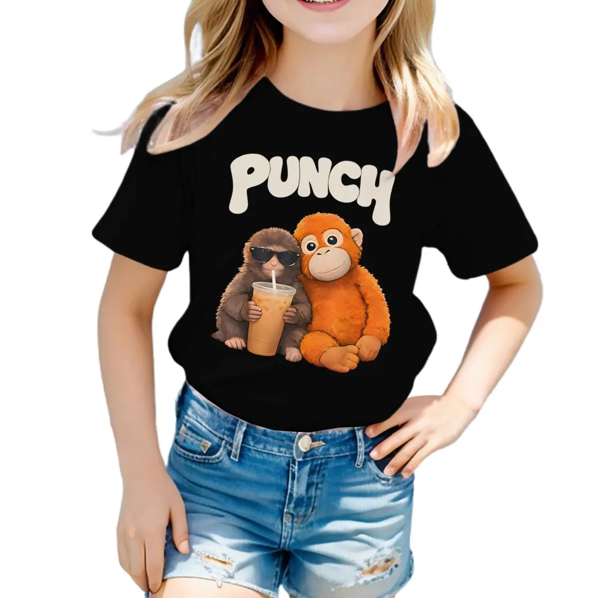 Meme Monkey Punch Print Kids T Shirt Round Neck Sad Monkey Punch with An Orange Toy Short Sleeve Boys Girls Shirt Family Outfits
