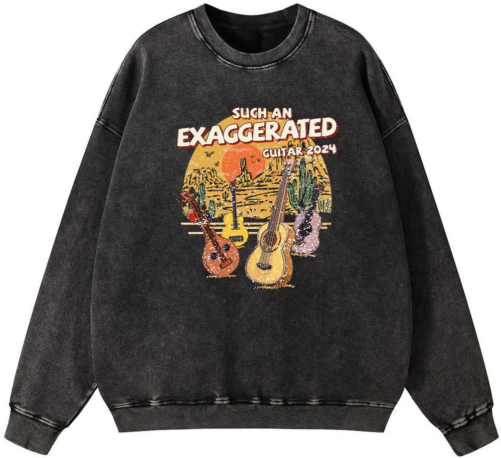 Such An Exagger Ated Guitar 2024 Men Vintage Washed Cotton Sweatshirt Harajuku Comfortable Pullover Fashion Soft Hoodies Tops