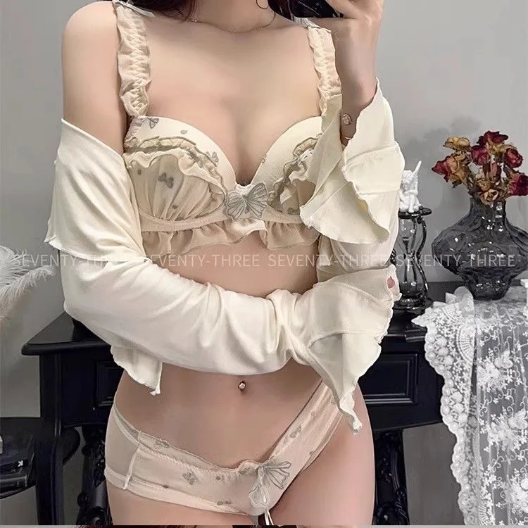 

Japanese lolita brassiere embroidered bra underwear set women's mesh breathable small chest no steel ring ruffle edge bra set