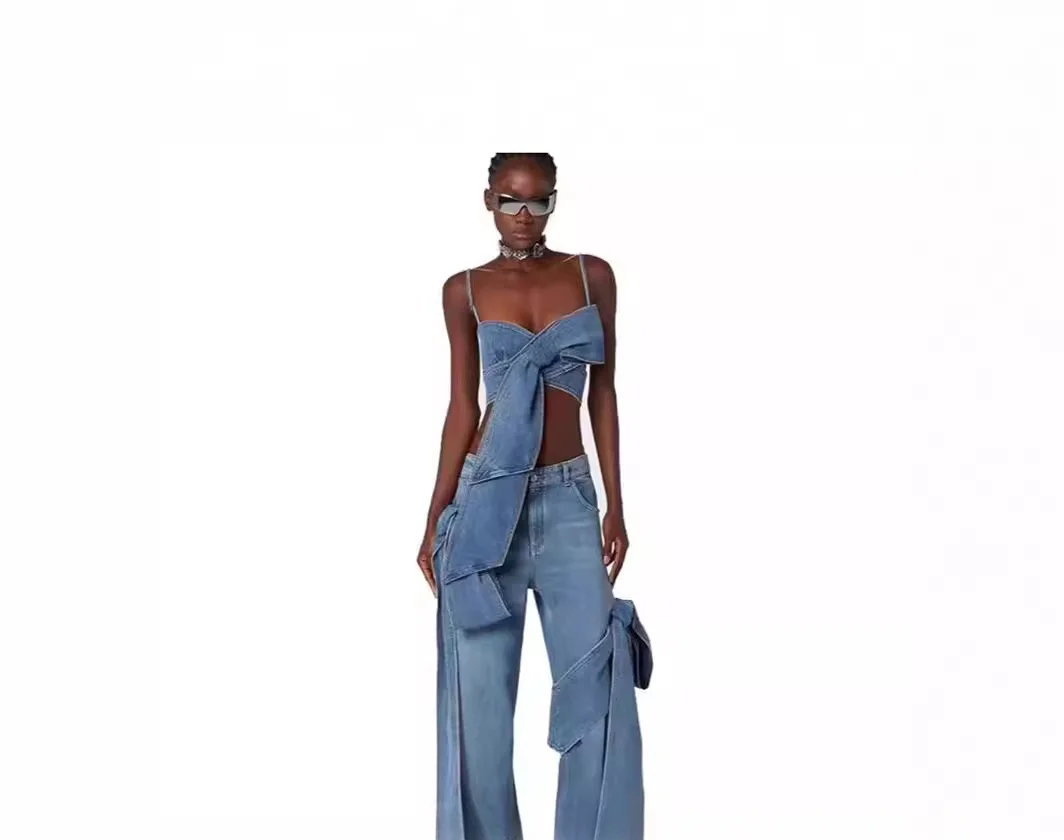 2024 New Retro Spicy Girlpersonality Bow Tie Bustier Vest Knot Straight Wide Leg Old Jeans Pants Matching Sets Women\'s Clothing