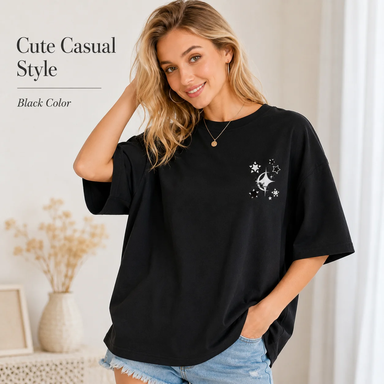 Women Oversized Star Graphic T Shirt Loose Half Sleeve Crew Neck Back Print Casual Summer Tee Top