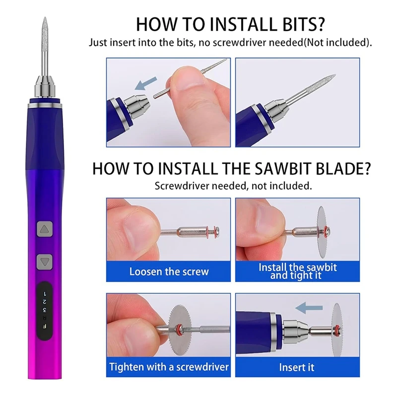 ABKO-ปากกาแกะสลัก,3-Speed & Rotaryไร้สายแกะสลัก 37 Bits,2 Stencils,ชาร์จUSB,สําหรับแกะสลักบนเครื่องประดับ