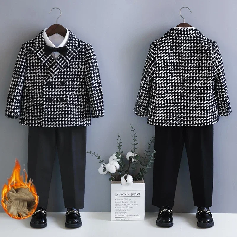 Boys Suits 4yrs To 12yrs for Wedding Winter Fleece Warm Kids Birthday Tuxedo Black Plaid Children Host Piano Performance Costume