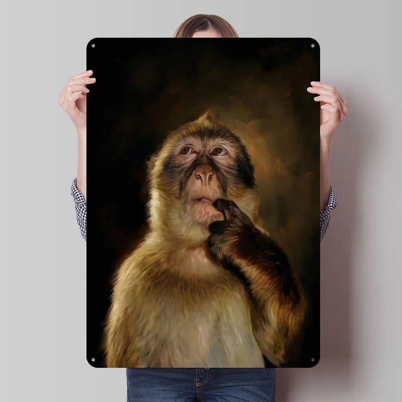 Thinking Monkey Meme Painting Tinplate Poster Customized Wall Art Vintage Metal Signs Retro Tin Plaque for Home Decorations Room