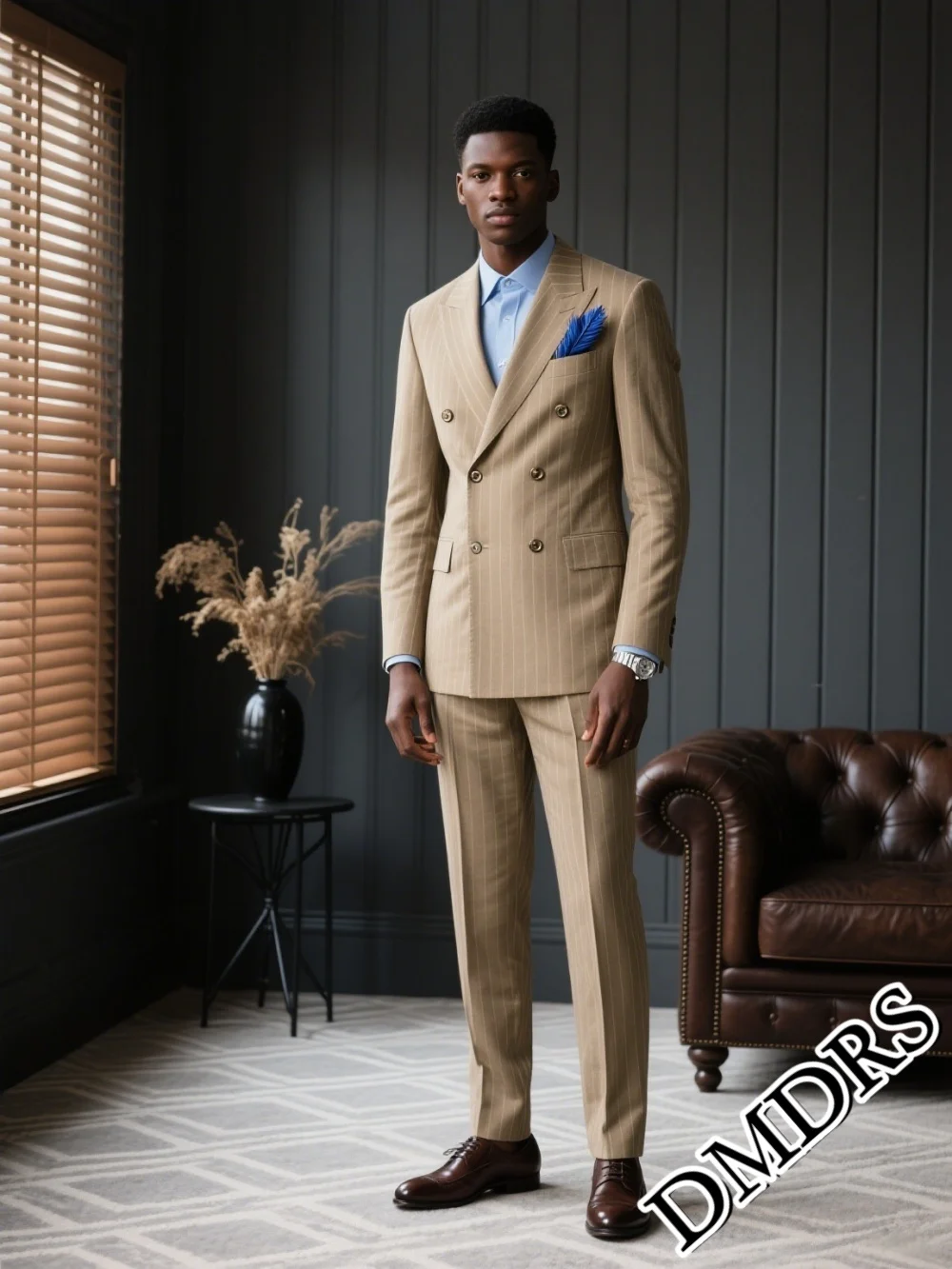 Premium Double-Breasted Men's Suit For Wedding & Business Classic Striped Suit Set Formal Men's Champagne Jacket & Matching Pant