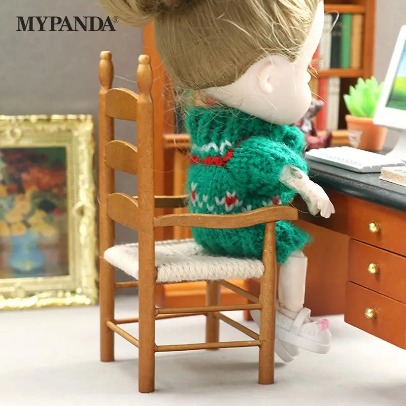 1:12 Dollhouse Miniature Furniture Mini Wooden Chair Cute Hemp Rope Seat Armchair Modle Toys For BJD Dolls House Accessories