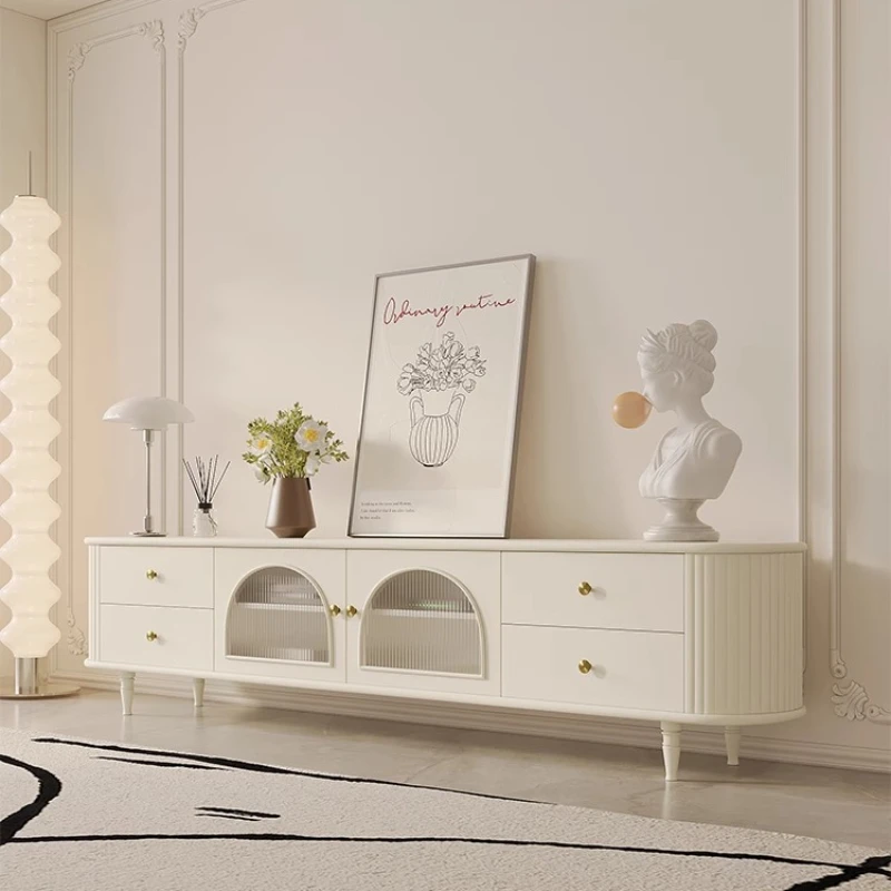 

French cream wind TV cabinet coffee table rock slab combination living room paint Changhong glass high foot solid wood TV