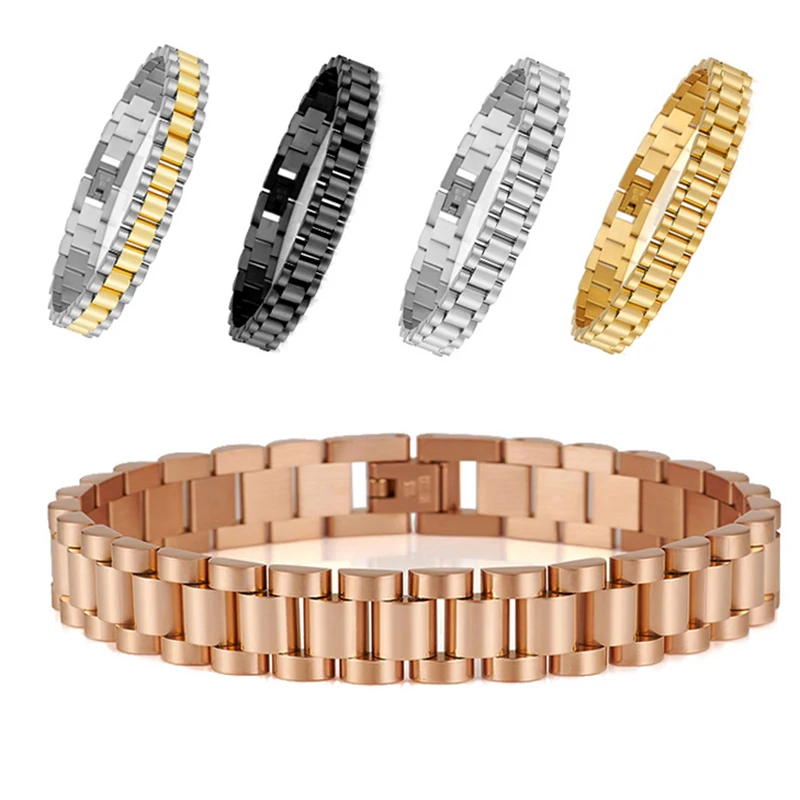 10MM Heavy Punk Gold Silver Color Strap Watch Chain Bracelet Jewelry Men Women Hiphop Black Blue Bike Watchband Bangle Necklace
