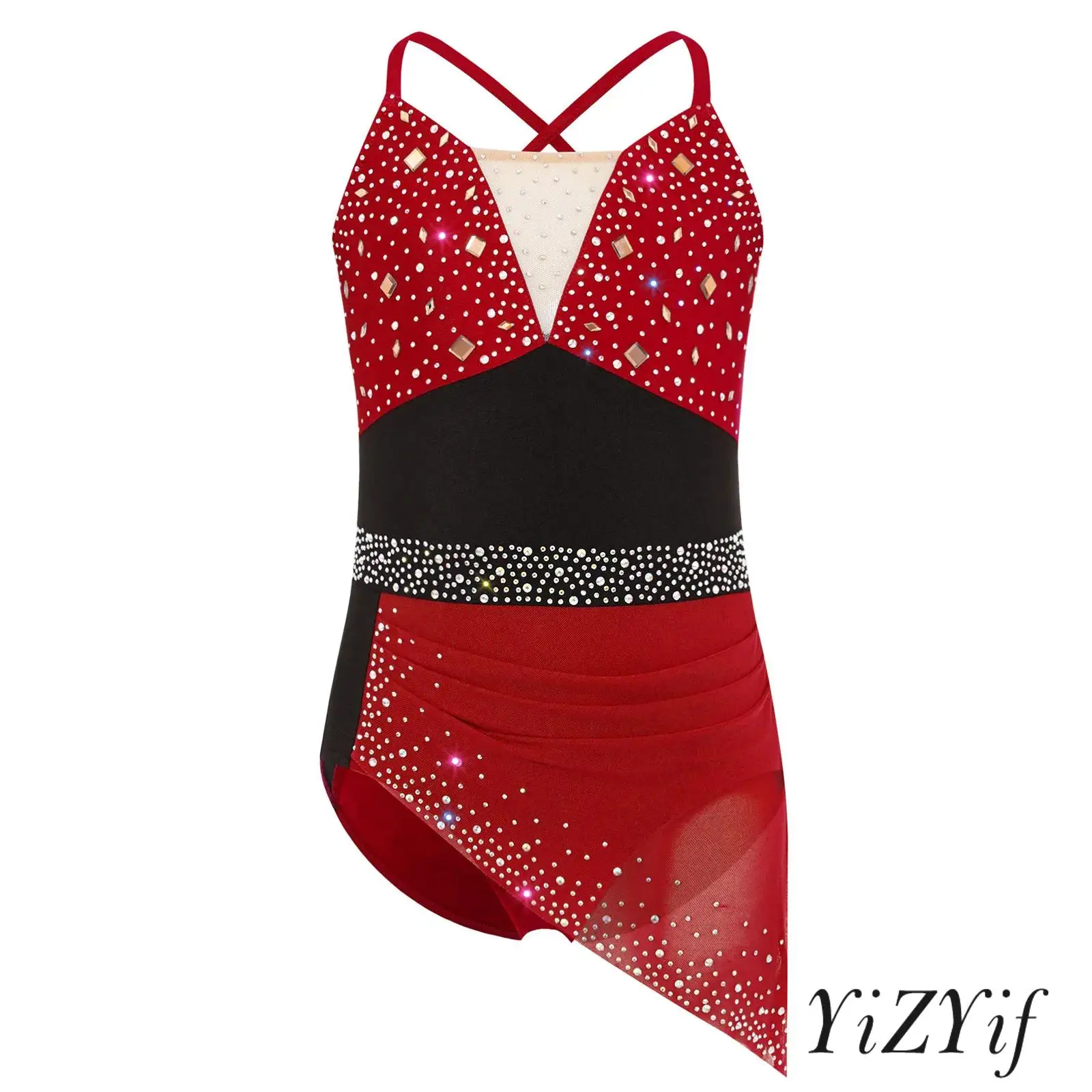 

Kids Girls Figure Skating Dance Leotard Dress Shiny Rhinestones Ruched Asymmetrical Mesh Dress Ballet Jazz Dance Dress Costume