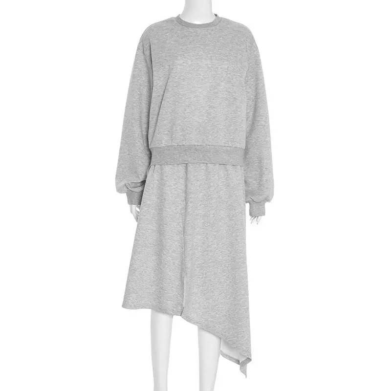 

Loose Gray Sweatshirt 2 Piece Set Women's 2026 Spring Round Neck Long Sleeve Pullover Casual Versatile Irregular Hem Skirts