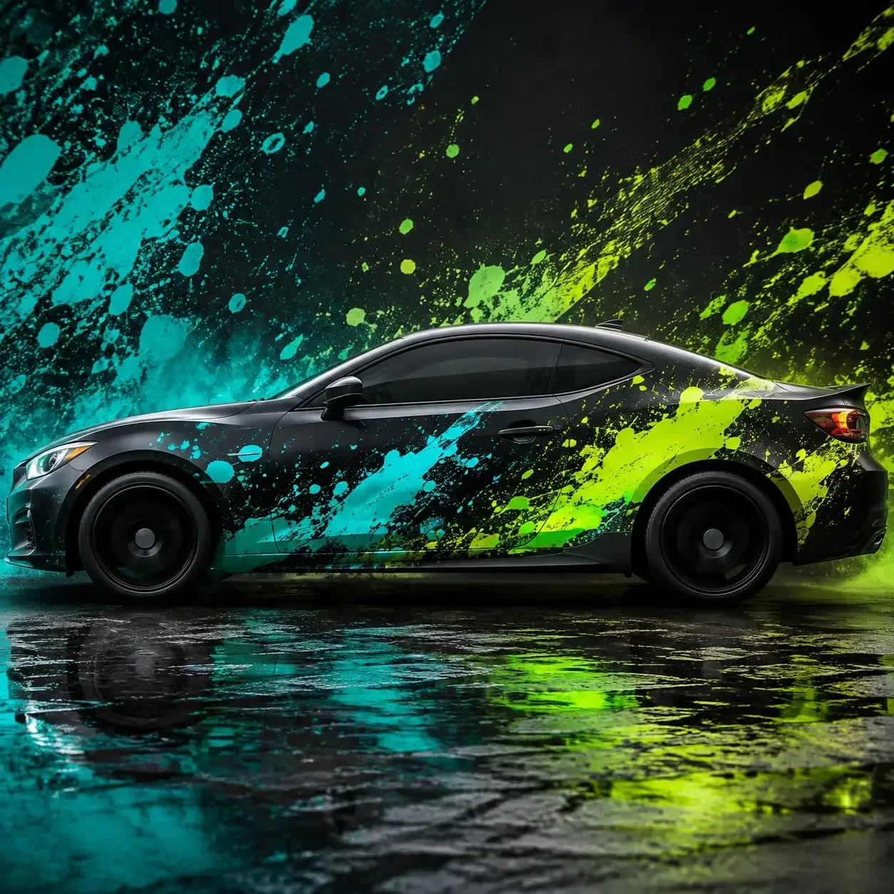 Paint Splatter Car Wrap Vinyl Decal, Teal and Neon Green