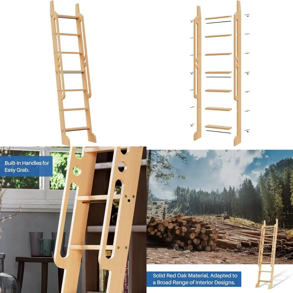 Scaletta per biblioteca con ruote in rovere rosso, alta 7 piedi, multiuso per scaffali e accesso a soppalco, robuste gradini in legno con maniglia incorporata