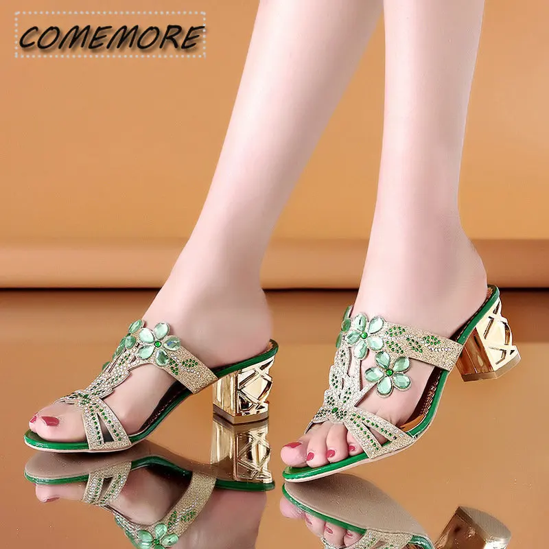 2023 New Glitter Women Sandals Summer Fashion Outdoor Peep Toe Casual Beach Slippers Thick Heel Slip on Rhinestone Woman Sandals