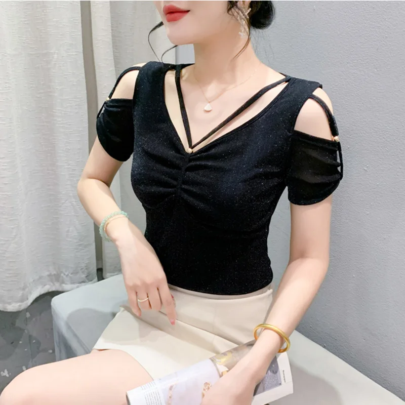 Summer New Sexy Mesh T-Shirt Elegant Slim Hollow V-neck Short Sleeved Solid Color Women\'s Top