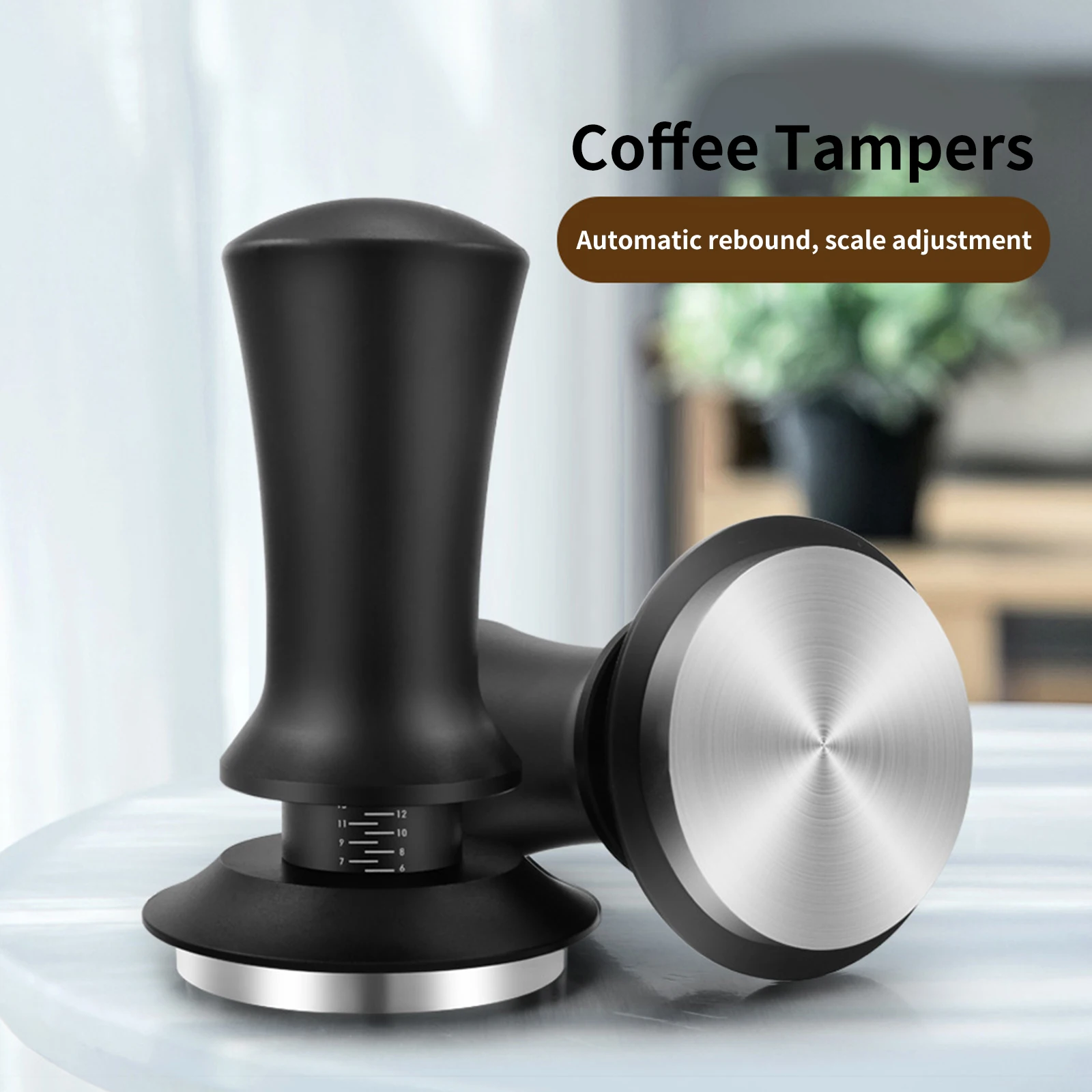 

51/53/58mm Coffee Tamper Adjustable Depth with Scale 30lb Espresso Springs Calibrated Tamping Stainless Steel Flat Base