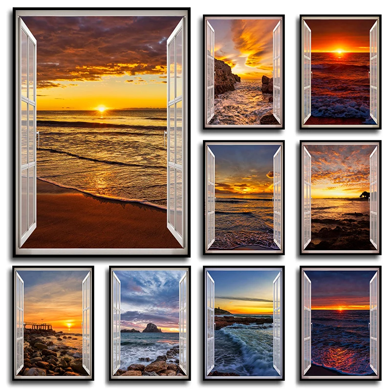 Affiches de paysage de plage avec effet de fenêtre pour la décoration intérieure, peinture sur toile, impression, photo d'art mural, vue sur la mer 550, salon