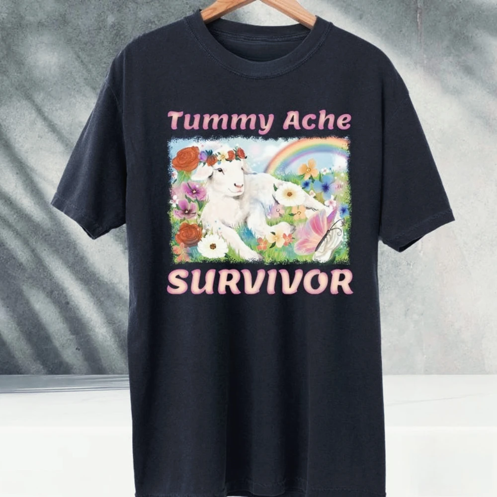 Tummy Ache Survivor Lamb Tshirt Cute Lamb Shirt Vintage T Shirt T-Shirt Funny Women Casual Cotton Tshirts Roupas Feminina