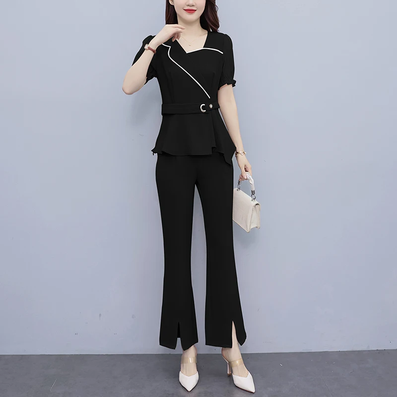 Korean Fashion Oversize Women Sets For Summer 2024 New Irregular Top & Wide Leg Pants 2 Pieces Office Lady Outfits Pantsuits