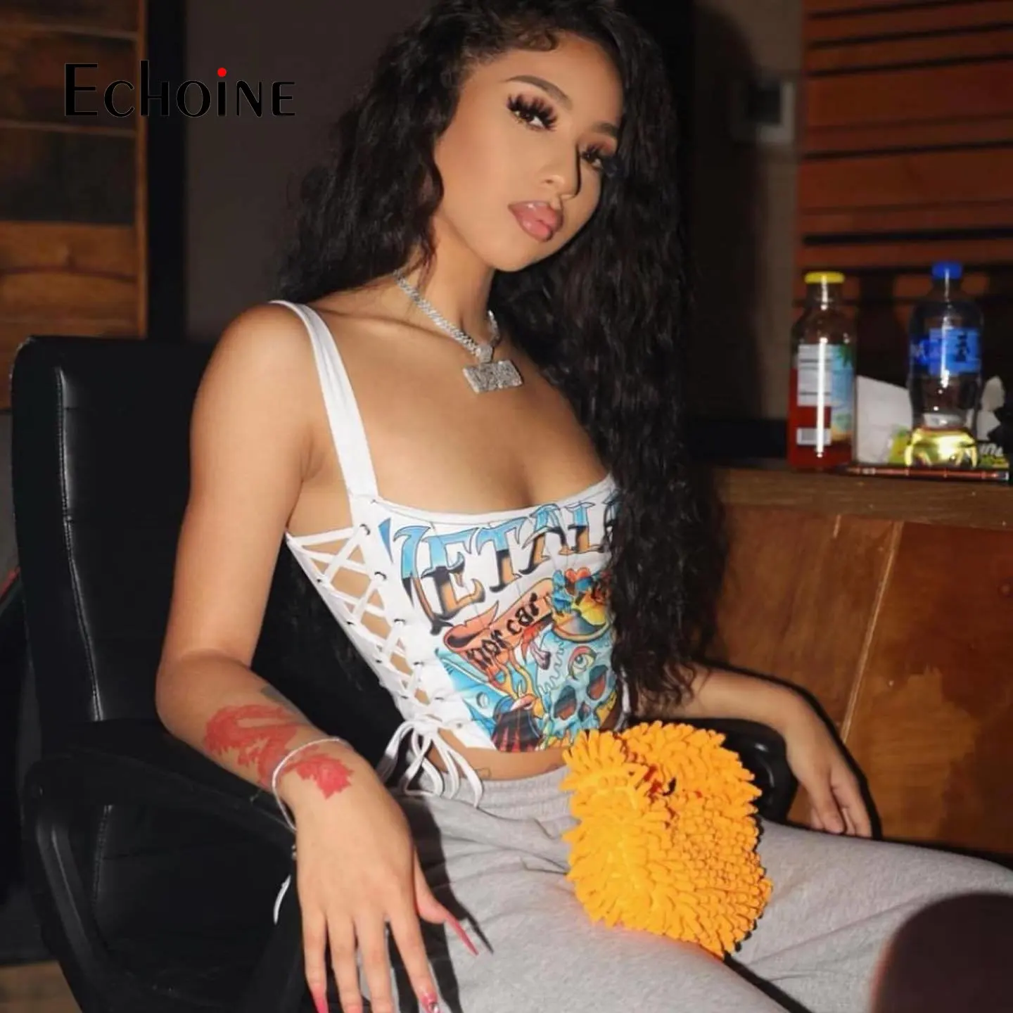 Echoine Women print Lace up Sleeveless chest wrap Vest T-shirts 2023 Summer Fashion Urban Style Sexy Streetwear Crop Top Female