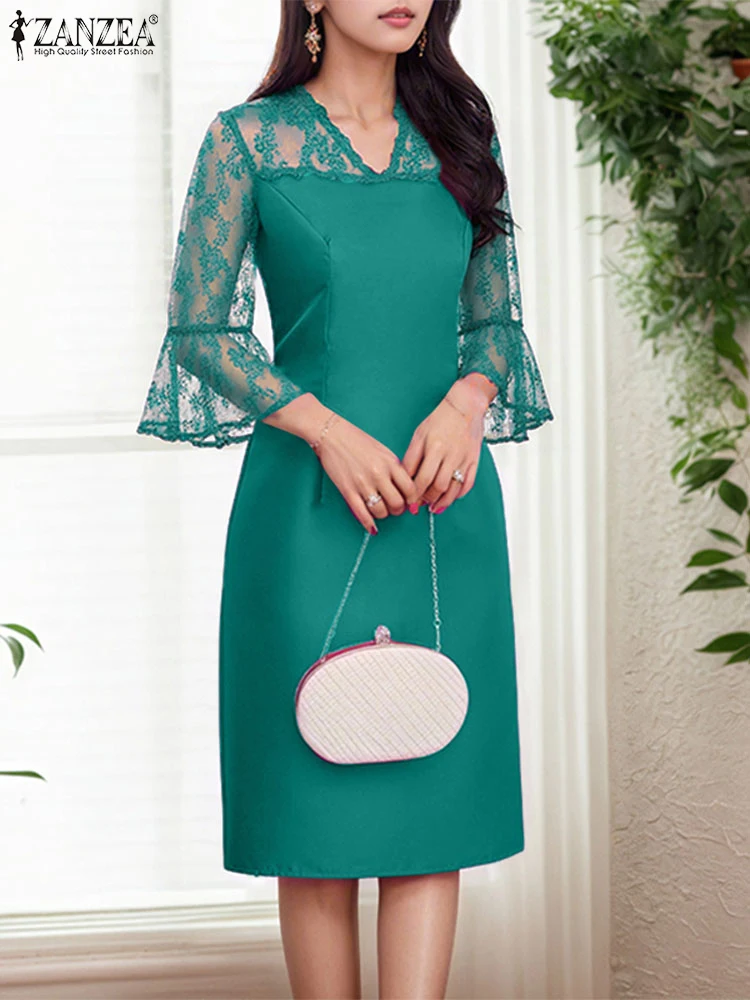 ZANZEA Elegant Fashion Sheer Dresses Shiny Satin V-Neck Lace Patchwork Womens Vestidos 3/4 Flared Sleeve Slim Knee-Length Robes