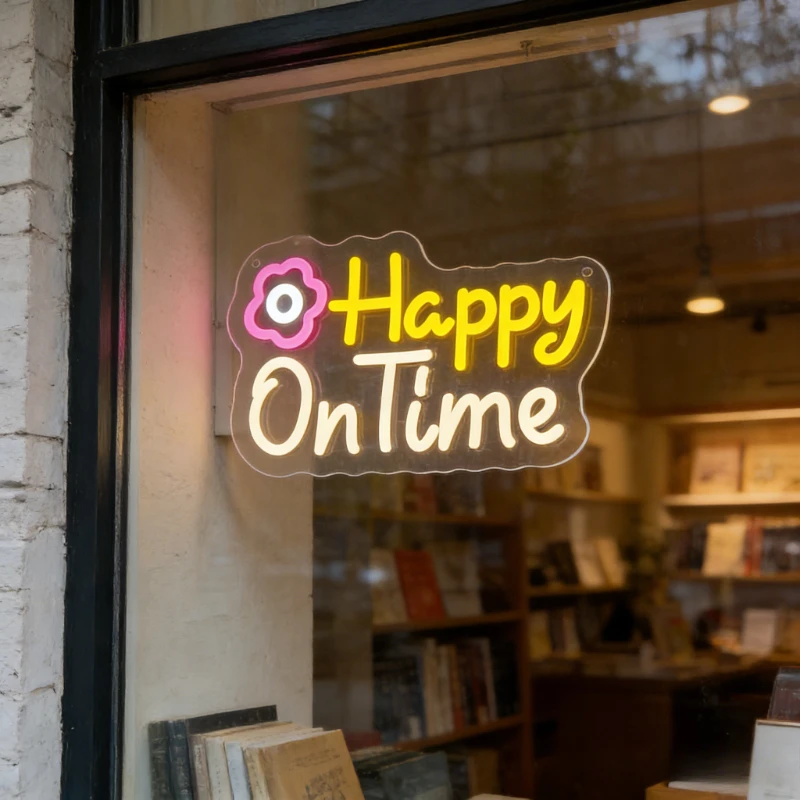 Happy On Time Neon Sign LED Light for Bedroom Desk Decor Aesthetic Flower Design USB Night Light Mood Lighting Wall Art Gift