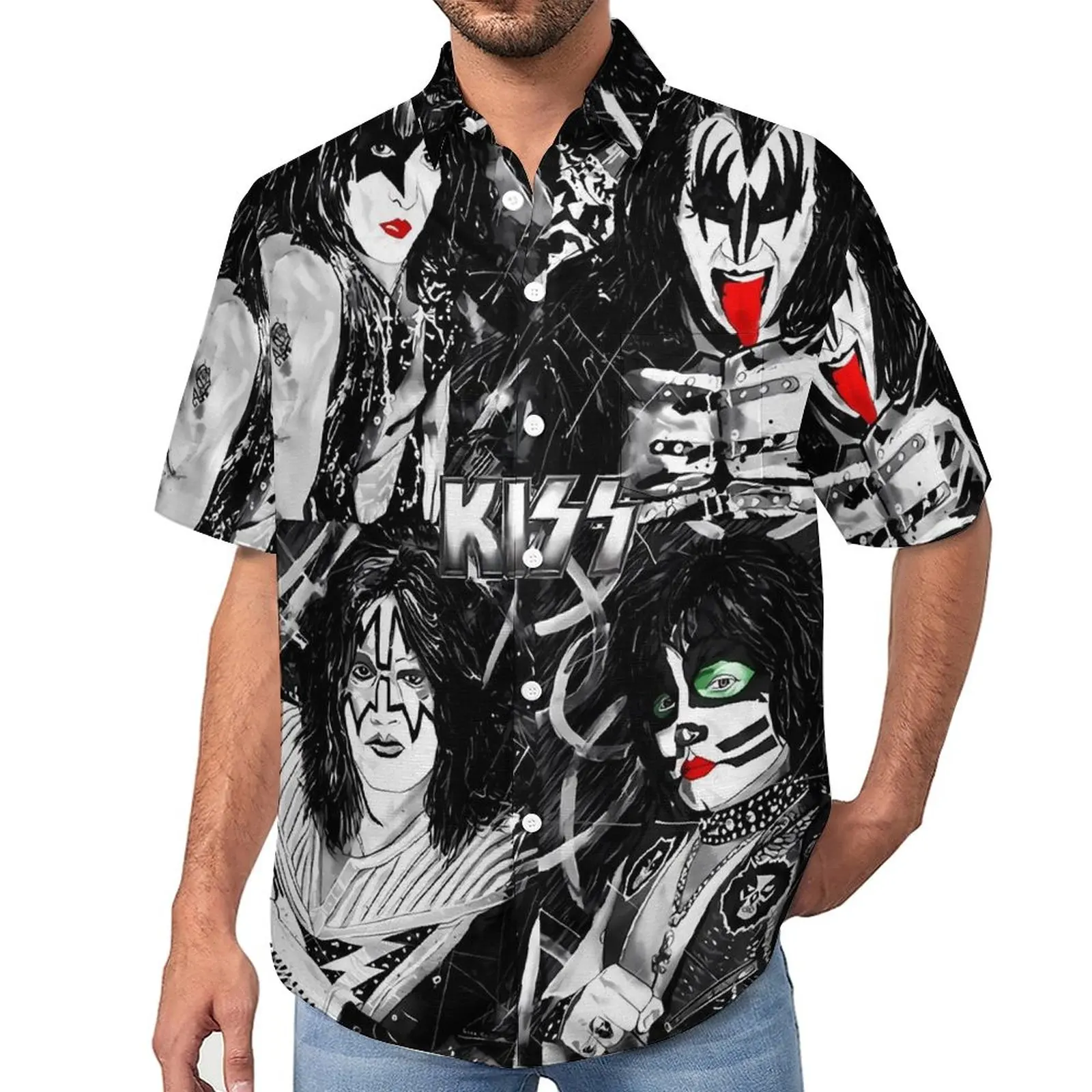 Kiss Band Casual Shirts Rock Band Beach Shirt Hawaiian Trendy Blouses Men Pattern Big Size