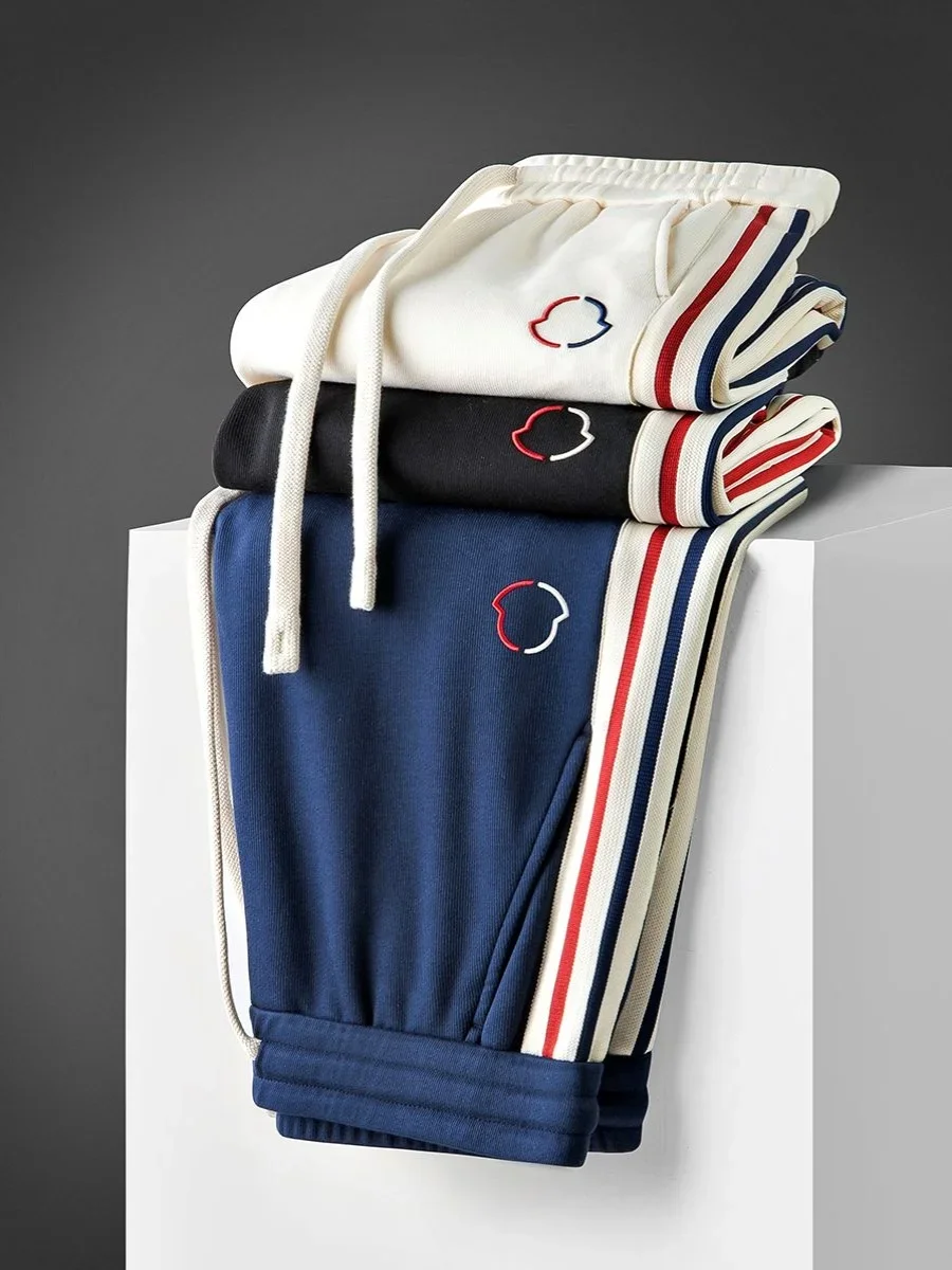 

Men's Fashion Embroidery LOGO Cotton Color Block Waist Tape Thin Straight Leg Spor Casual Golf Pants Loose Fit Men Trousers