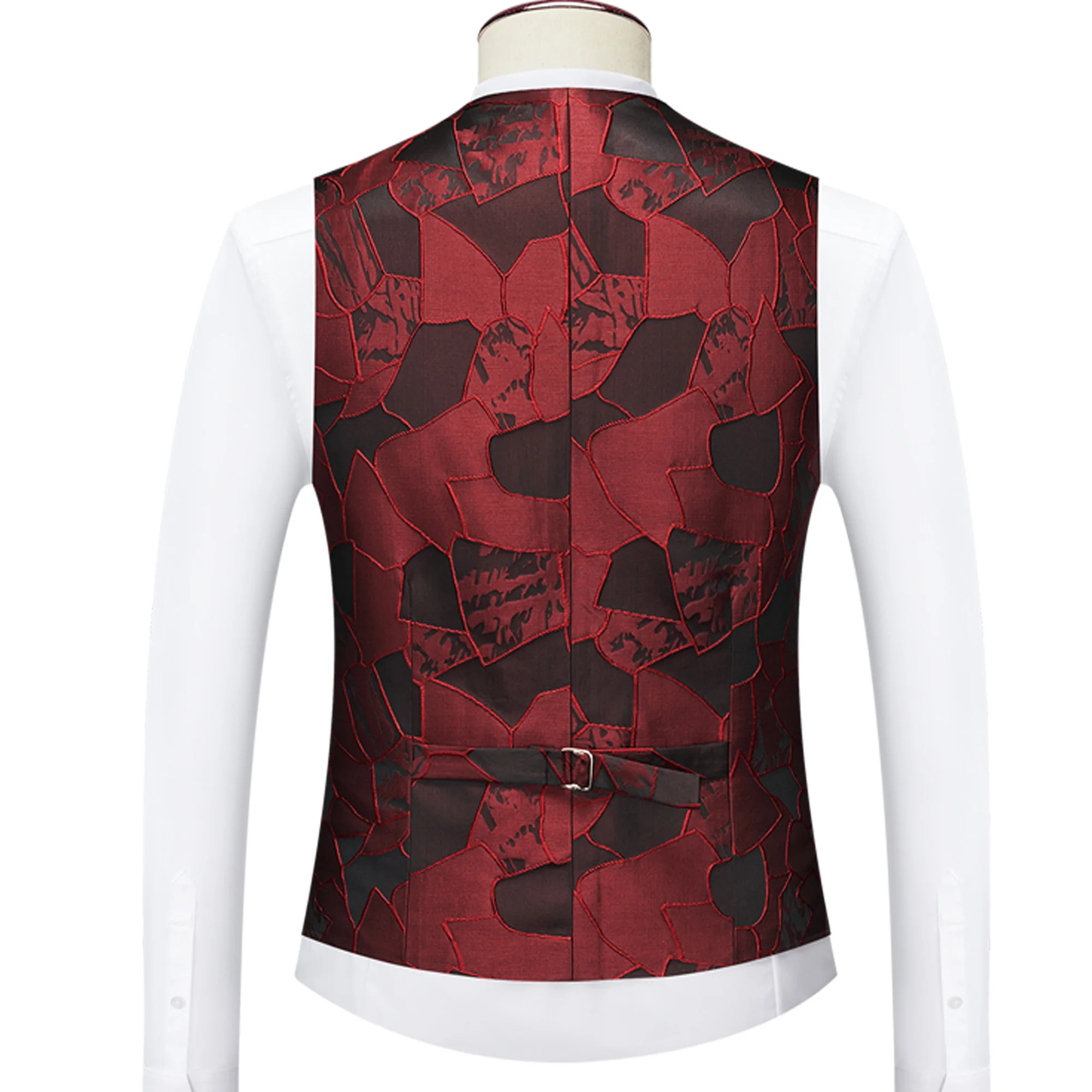 Gwenhwyfar 2026 Mens Jacqaurd Party Vest Fashion Burgundy Pattern Black Waistcoat Double Breasted Satin Black Lapel Vest for Men
